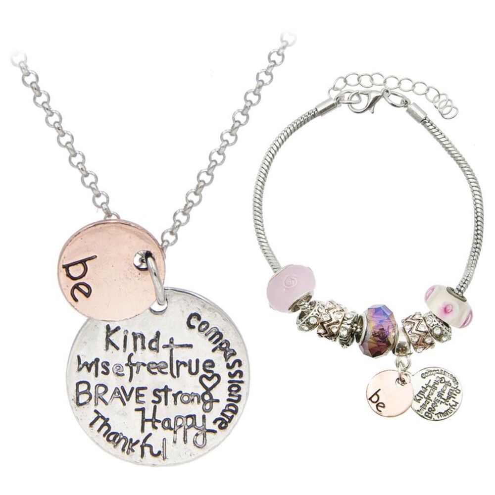 Glam & Glow "Be Kind, Brave, Compassionate" Charm Bracelet and Necklace Set